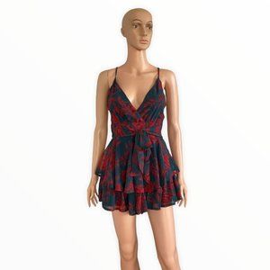 SAINTS AND SECRETS Floral Spaghetti Strap Low-Cut Flared Tiered Flowy Romper S